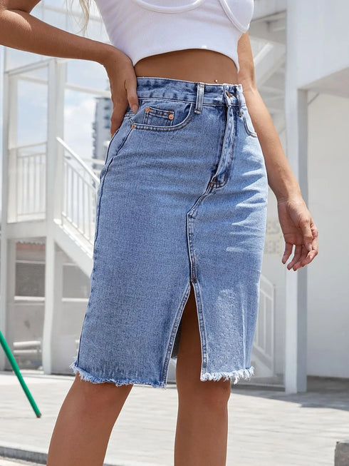 'Khaleesi' Raw Hem Slit Denim Skirt - Celes Fashion